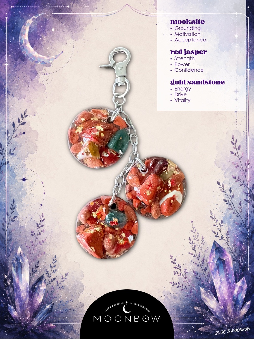 ©️Moonbow Handmade Crystal Charm - Mookaite, Red Jasper, Gold Sandstone